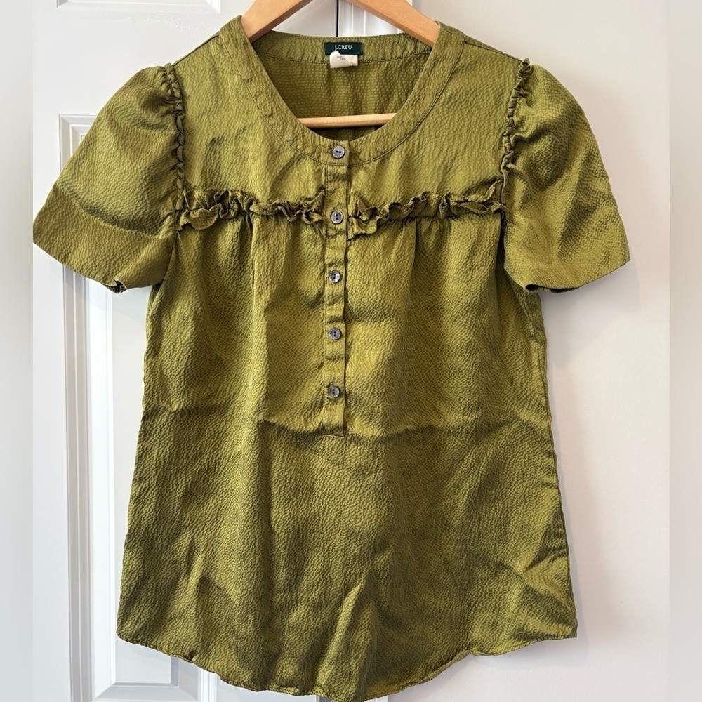 J. Crew Moss Green Silk Short Sleeve Blouse